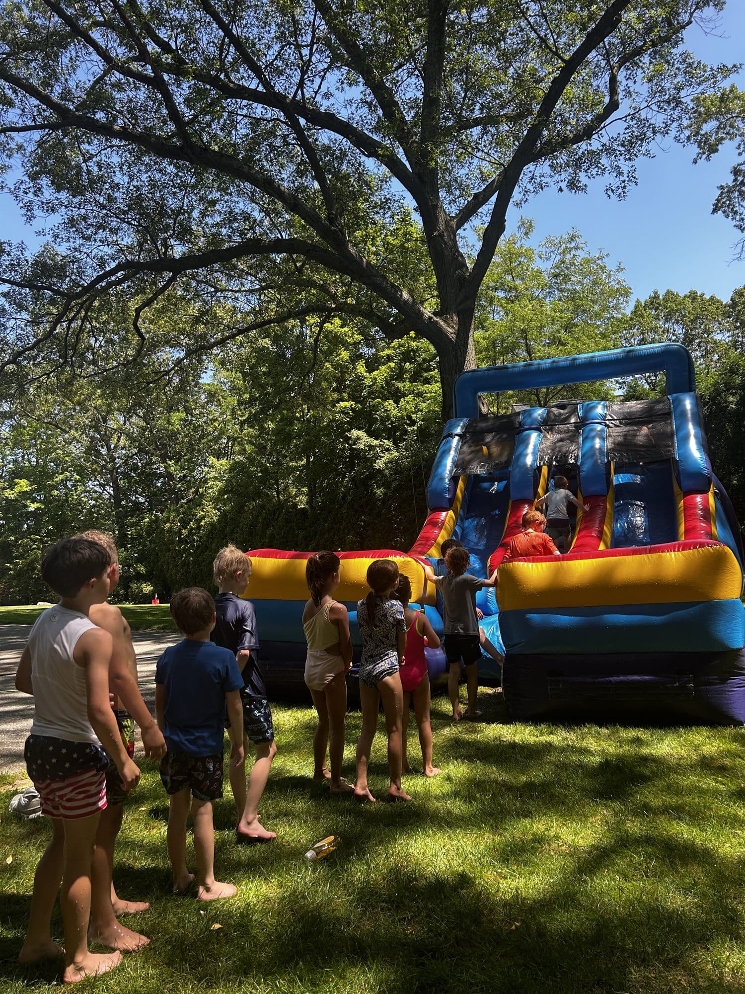 Campers lining up on the grass for an inflatable water slide under a big shade tree.